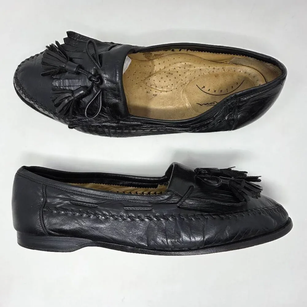 SANTONI RELAXED ITALY BLACK KILTIE TASSEL LOAFERS MOC TOE MENS SIZE 9.5 EE WIDE